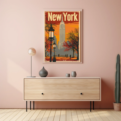 New York Orange Sky Autumn Cityscape Vintage Travel Poster