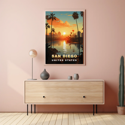 San Diego California Coastline Sunset Palms Vintage Travel Poster