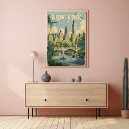 New York Central Park Bridge Skyline Vintage Travel Poster