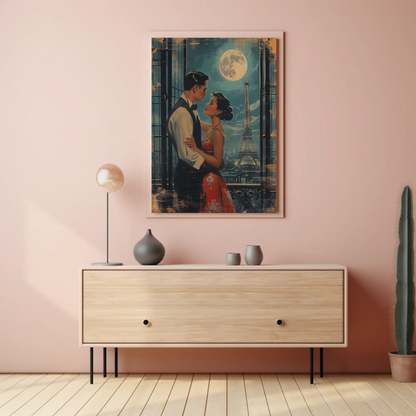 Romantic Couple Eiffel Tower Paris Moonlight Vintage Travel Poster