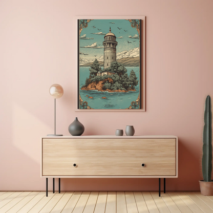 Lighthouse Island Retreat Vintage Travel Poster