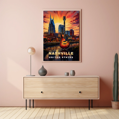 Nashville Tennessee Guitar Sunset Skyline Vintage Travel Poster