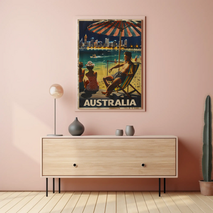 Australia Beach City Night Relaxing Scene Vintage Travel Poster