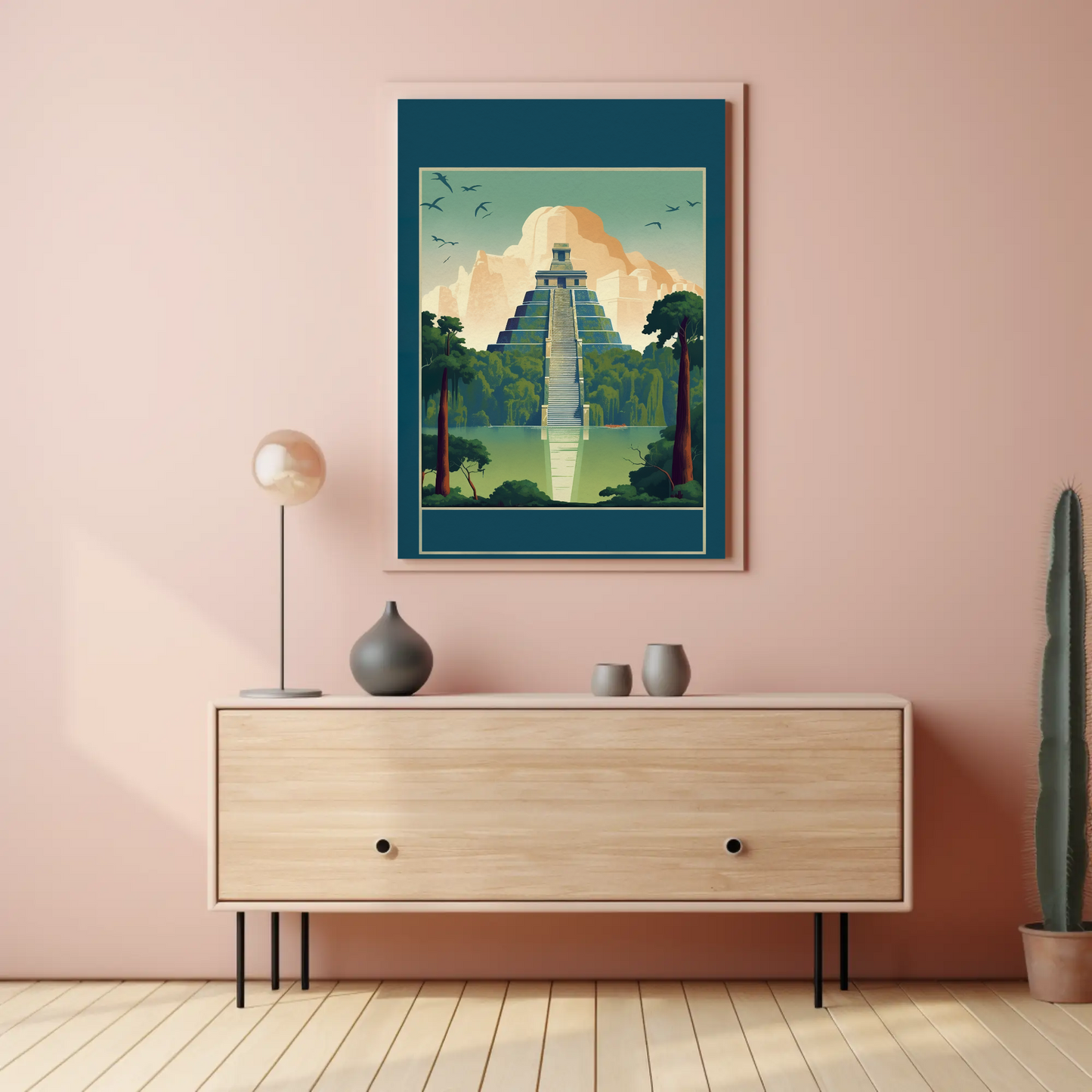 Mayan Pyramid Reflected Jungle Temple Vintage Travel Poster