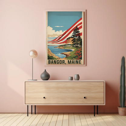 Bangor Maine Coastal Cliffside Vintage Travel Poster