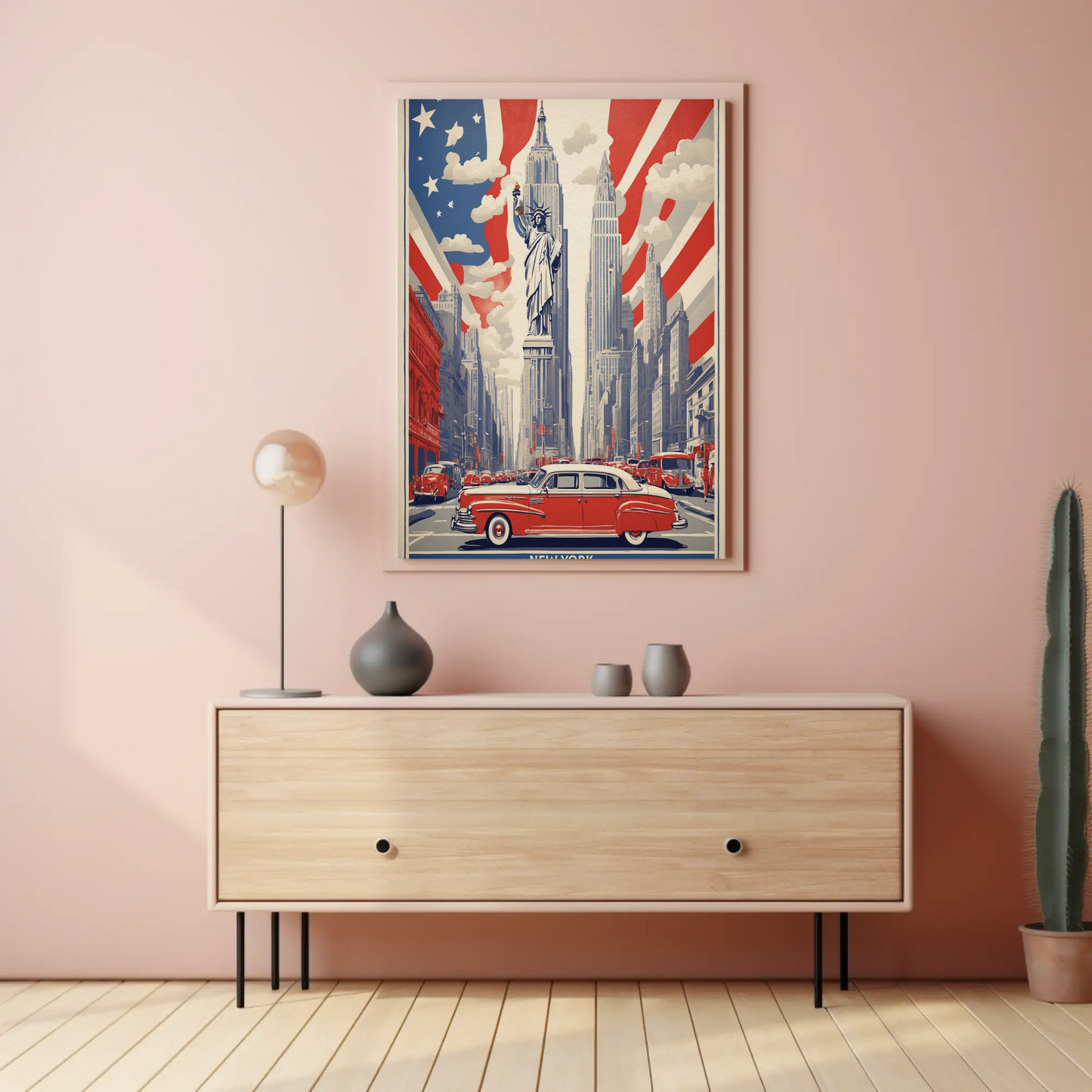 New York Statue Liberty Skyline Vintage Travel Poster