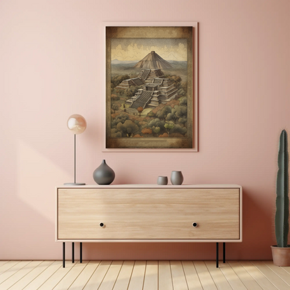 Mexico Teotihuacan Pyramids Volcano Vintage Travel Poster