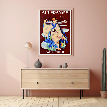 Paris To Tokyo Air France Geisha Vintage Travel Poster