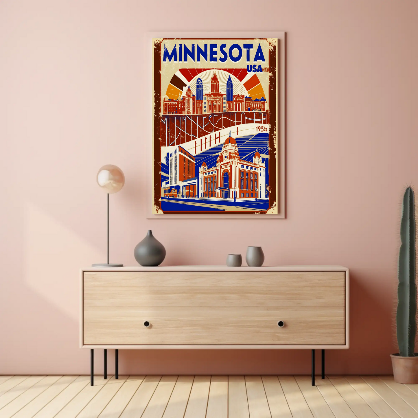 Minnesota USA 1950s Civic Skyline Vintage Travel Poster