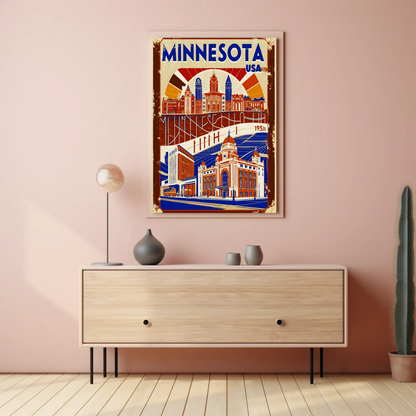 Minnesota USA 1950s Civic Skyline Vintage Travel Poster