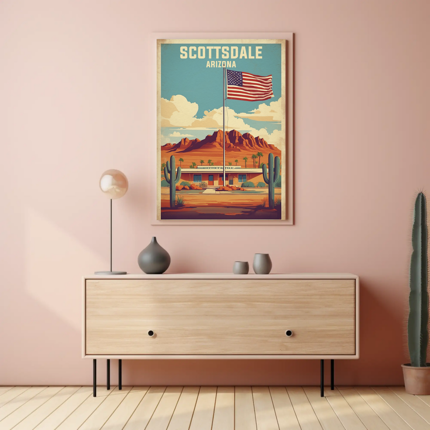 Scottsdale Arizona Desert Flag Cactus Vintage Travel Poster