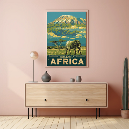 Tanzania Africa Elephant Kilimanjaro Safari Vintage Travel Poster