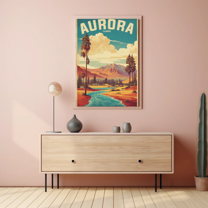 Aurora Illinois River Horizon Vintage Travel Poster