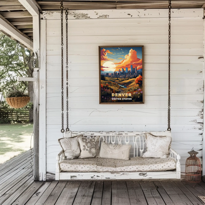 Denver Autumn Meadow Skyline Vintage Travel Poster