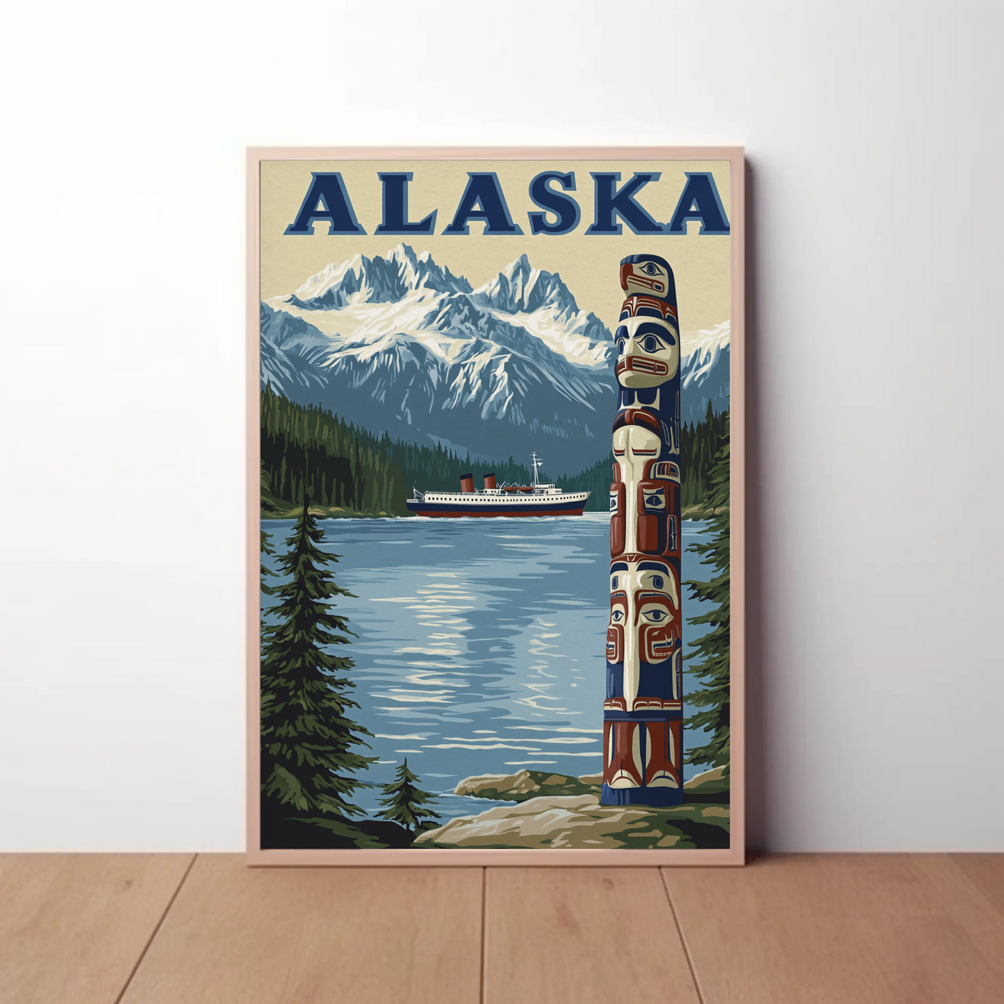 Alaska Vintage Poster - Totem and Mountains