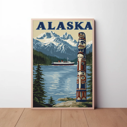 Alaska Vintage Poster - Totem and Mountains