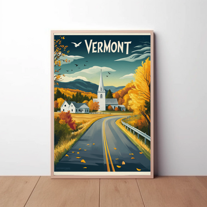 Vermont Vintage Poster - Autumn Road & Church
