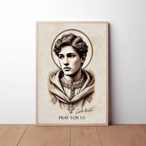 Saint Carlo Acutis Portrait Pray Vintage Travel Poster
