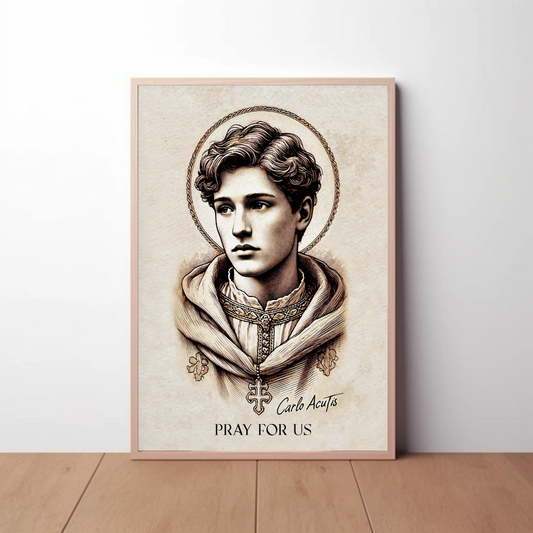Saint Carlo Acutis Portrait Pray Vintage Travel Poster