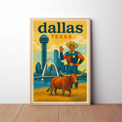Dallas Cowboy Longhorn Skyline Bridge Sphere Vintage Travel Poster Wall Art