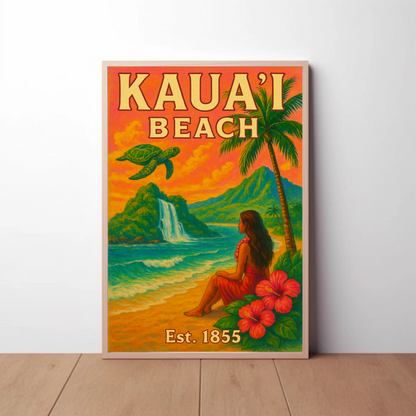 Kauai Beach Hawaii Waterfall Turtle Est 1855 Vintage Travel Poster