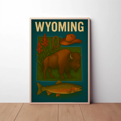 Wyoming Bison Fish Rope Hat Nature Vintage Travel Poster