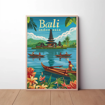 Bali Indonesia Vintage Travel Poster - Temple & Canoes
