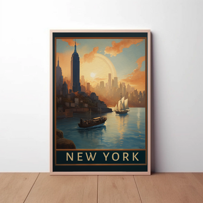 New York Harbor Sunset Vintage Travel Poster