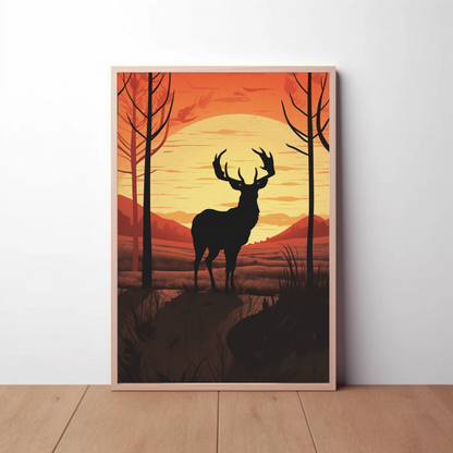 Sunset Forest Silhouette Deer Landscape Vintage Travel Poster