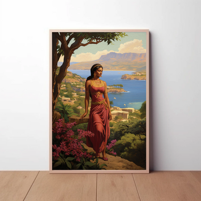 Mediterranean Woman Overlook Coastal Beauty Vintage Travel Poster