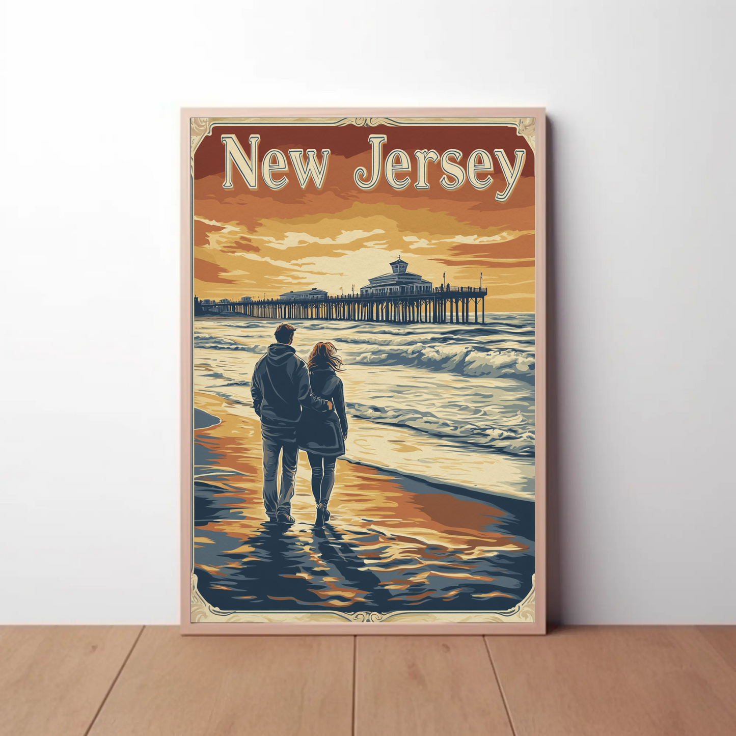 New Jersey Vintage Poster - Romantic Beach Walk