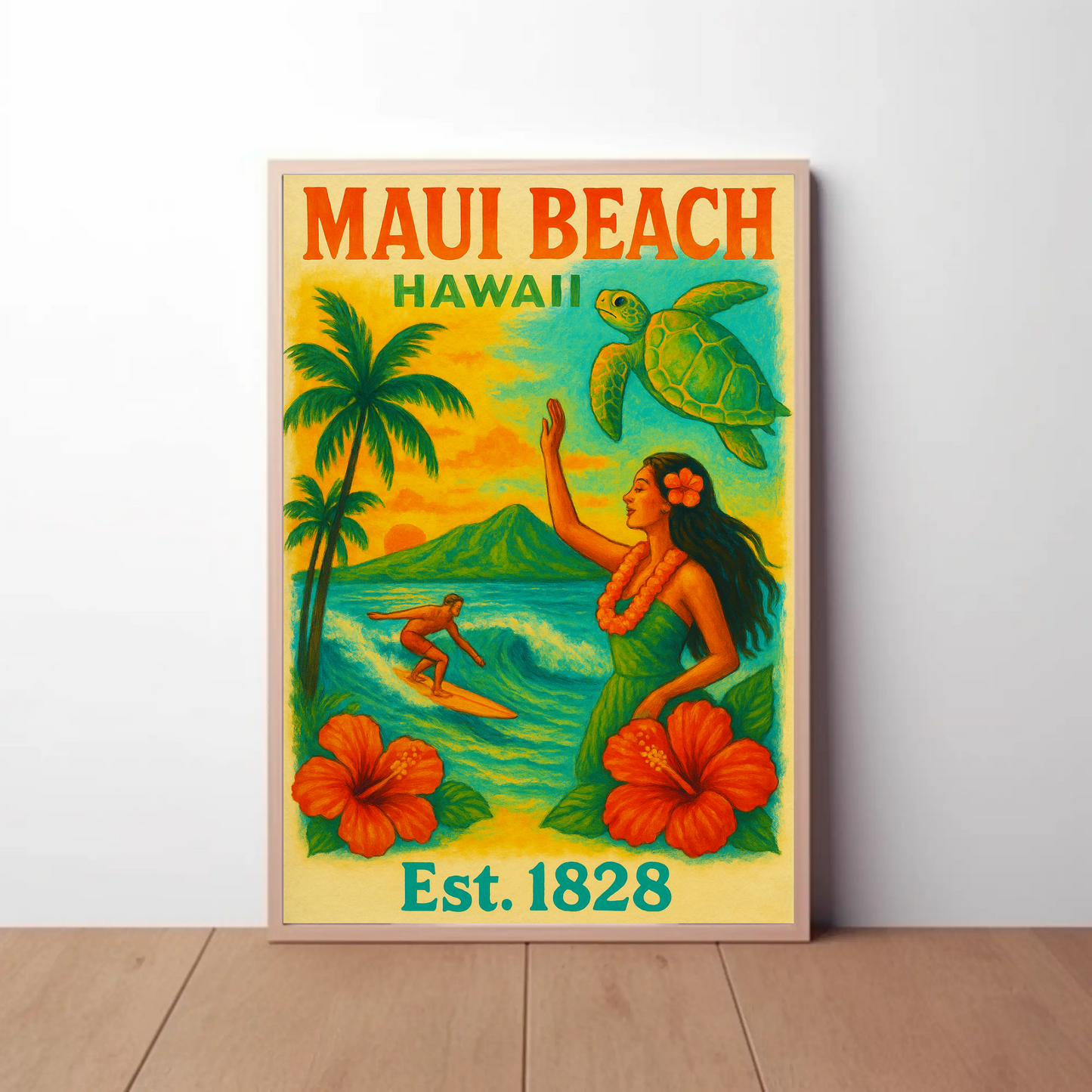 Maui Beach Hawaii Surf Dancer Est 1828 Vintage Travel Poster