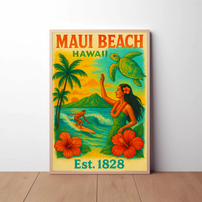 Maui Beach Hawaii Surf Dancer Est 1828 Vintage Travel Poster