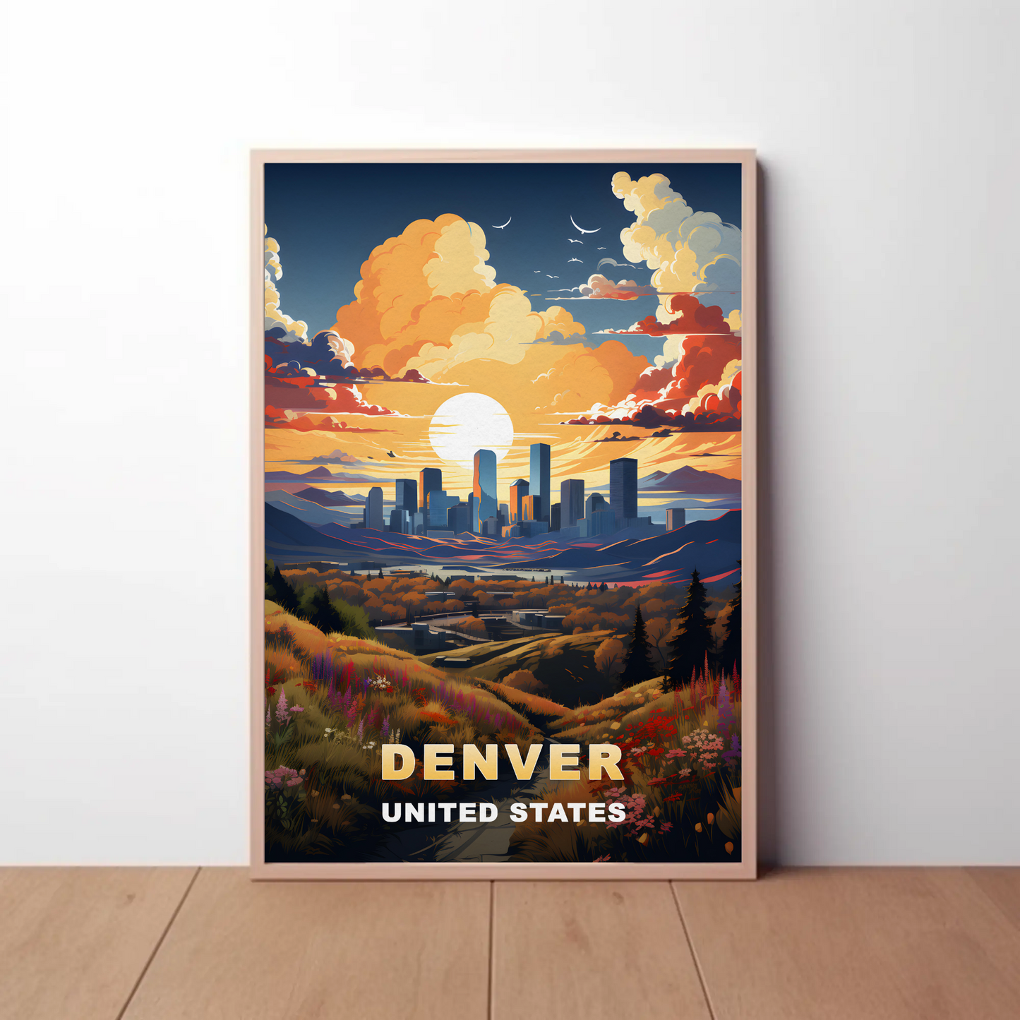 Denver Sunset Skyline Mountains Vintage Travel Poster