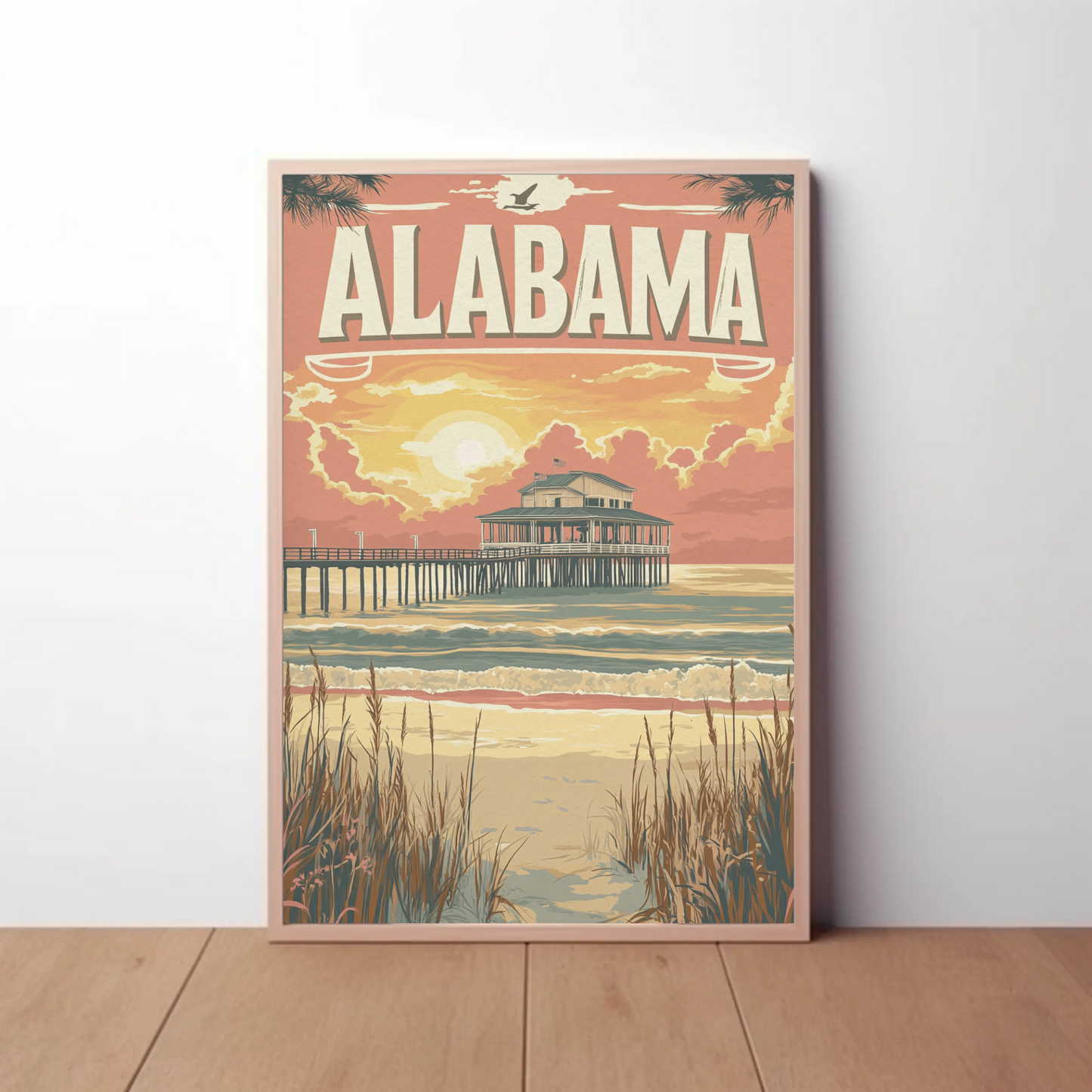 Alabama Pier at Sunset Vintage Travel Poster