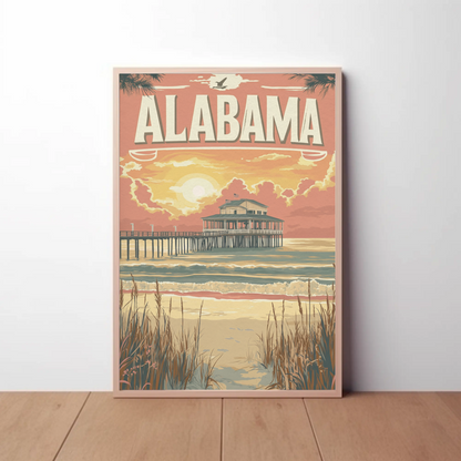 Alabama Pier at Sunset Vintage Travel Poster