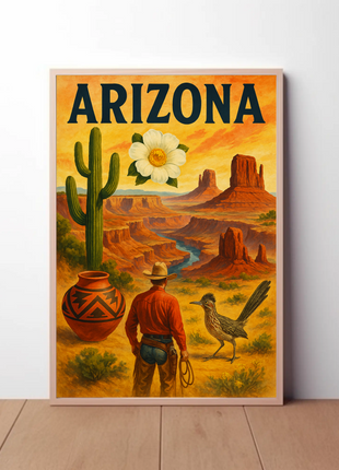 Arizona Desert Cowboy Saguaro Sunset Vintage Travel Poster