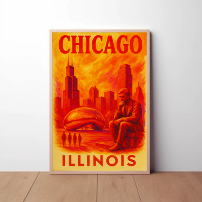 Chicago Skyline Bean Statue Modern Red Vintage Travel Poster Wall Art