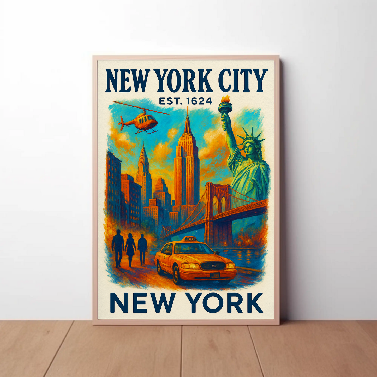 New York City Skyline Taxi Liberty Vintage Travel Poster