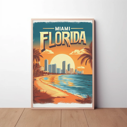 Miami Florida - Beach Sunset Vintage Travel Poster