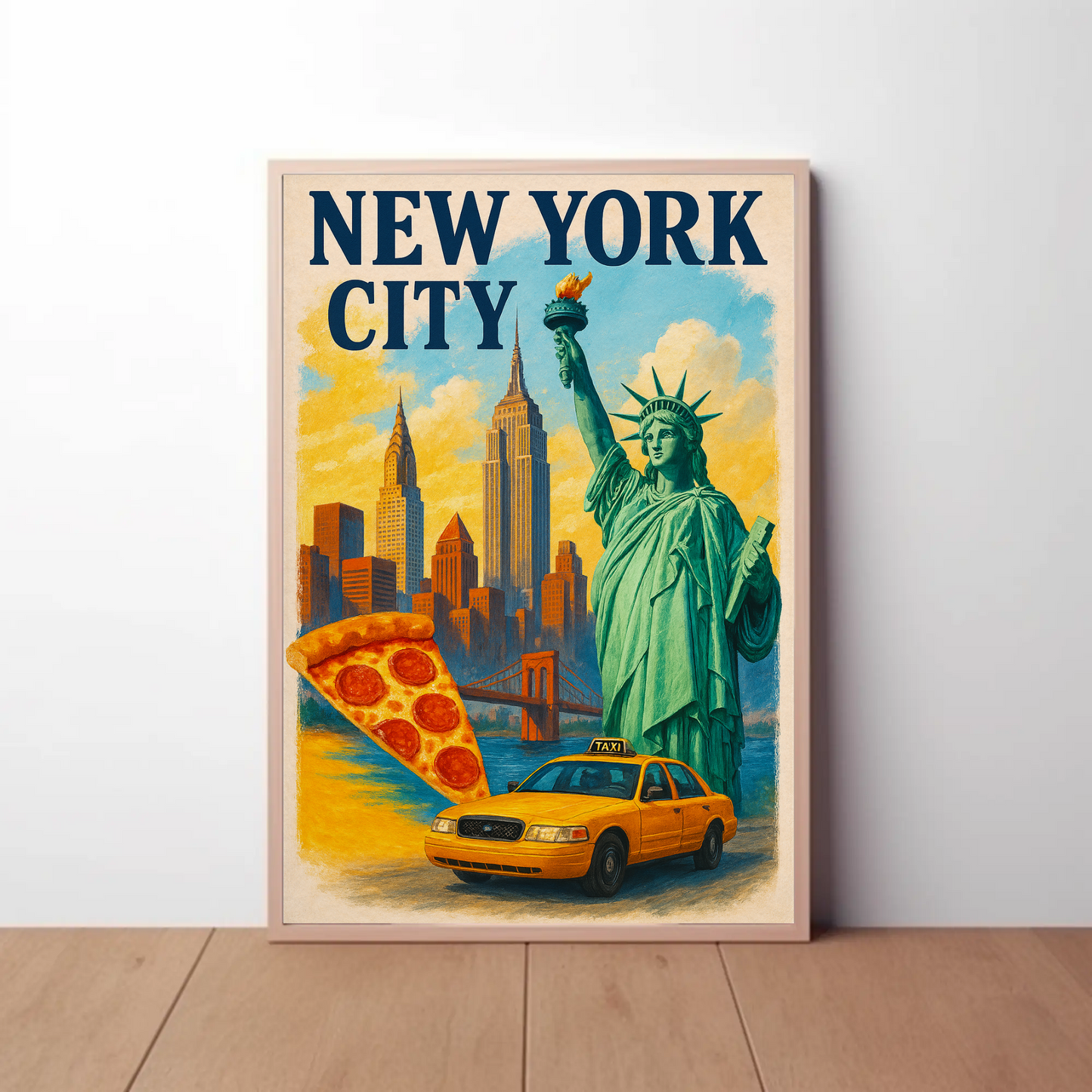 New York City Pizza Taxi Skyline Vintage Travel Poster