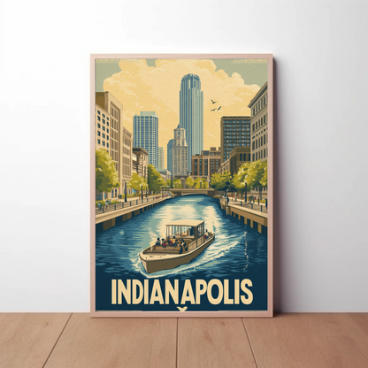 Indianapolis Indiana - Downtown Canal Vintage Travel Poster