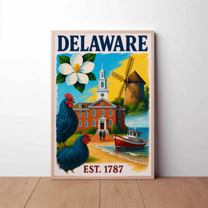 Delaware 1787 Poster With Windmill And Chickens Vintage Travel Poster