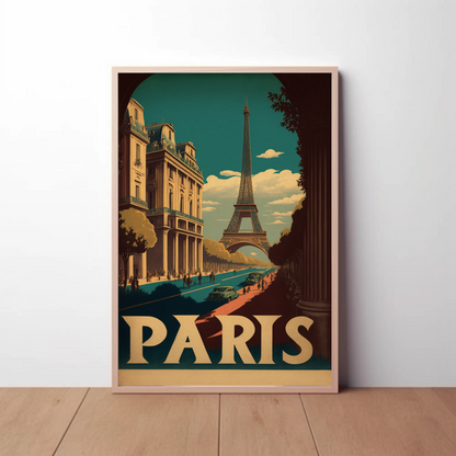 Paris Eiffel Tower Avenue Scene Vintage Travel Poster