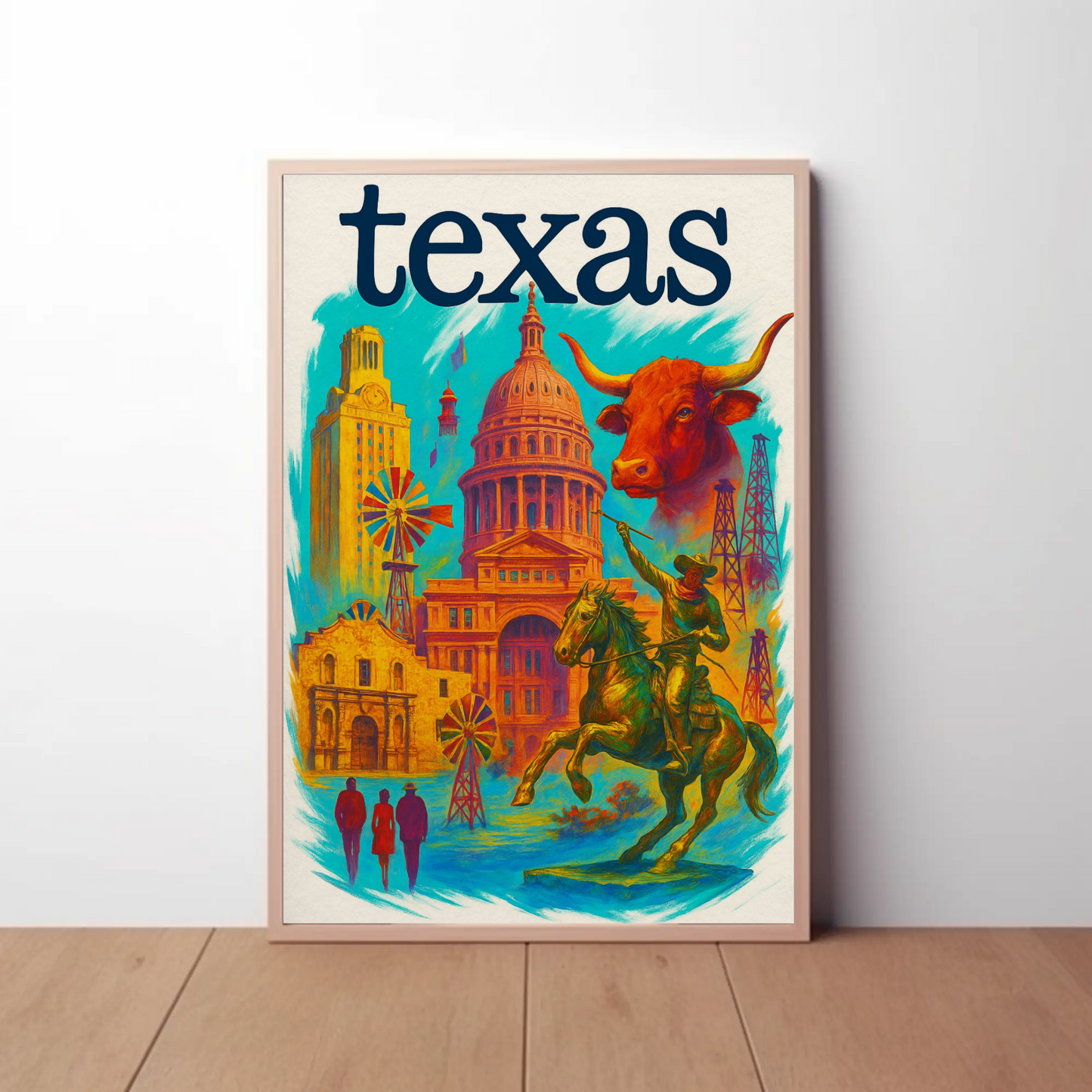 Texas Capitol Cowboy Longhorn Windmill History Vintage Travel Poster