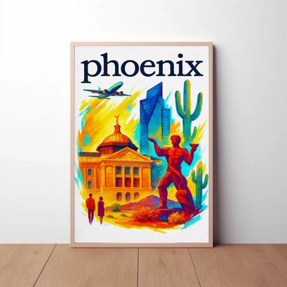 Phoenix Capitol Cactus Statue Airplane Desert Vintage Travel Poster