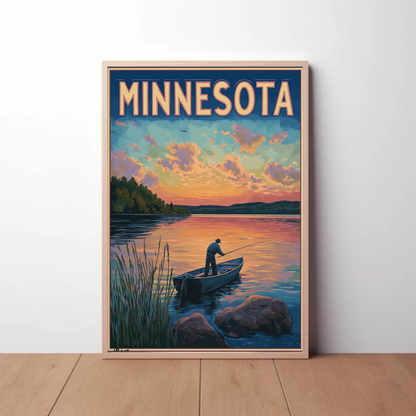 Minnesota Sunset Fishing Vintage Poster