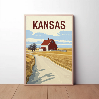 Kansas Barn Roadscape Vintage Poster