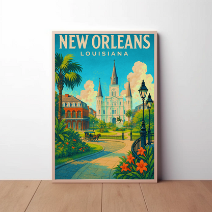 New Orleans Louisiana Cathedral Garden Vintage Travel Poster