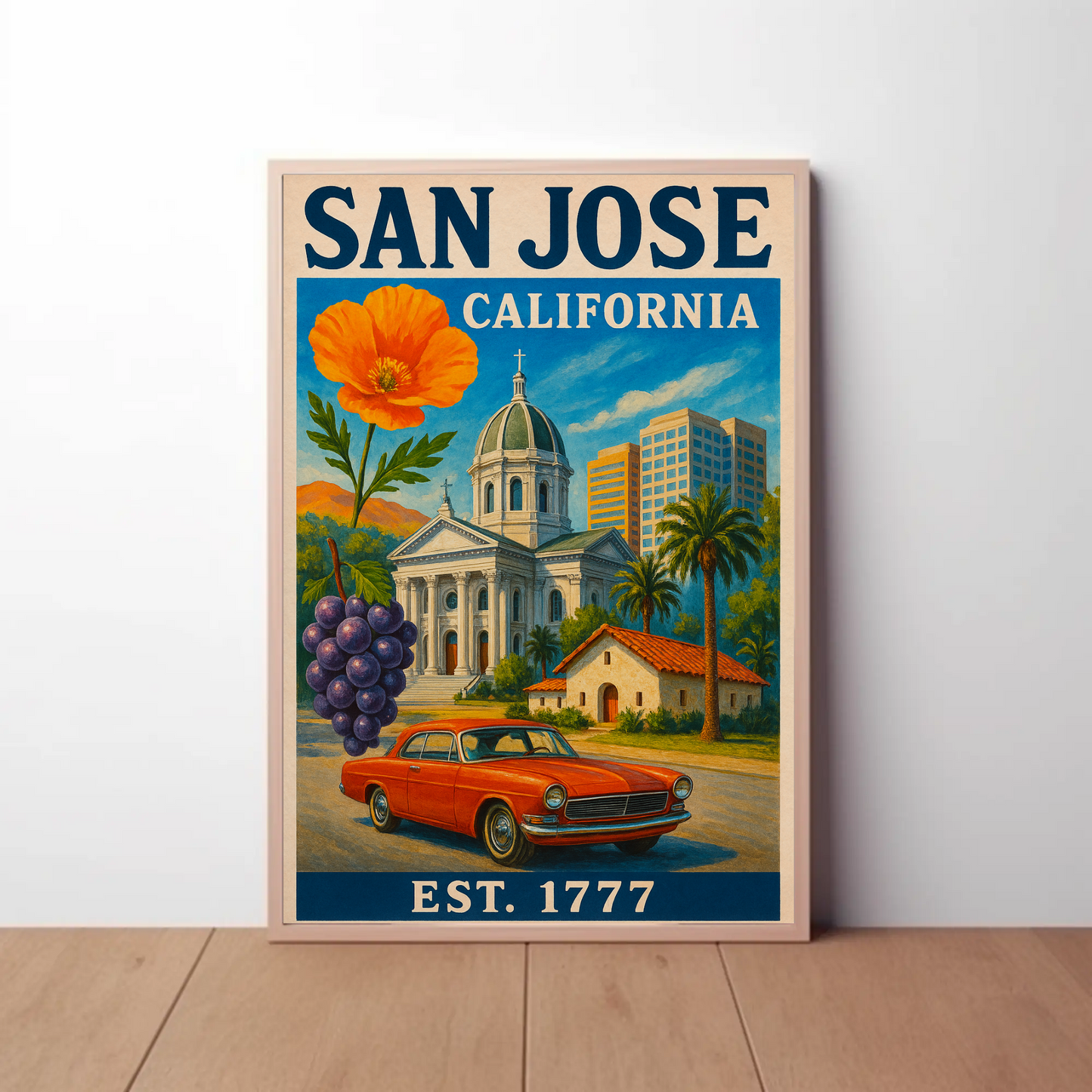 San Jose California Church Grapes Car Vintage Travel Poster